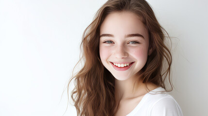 Portrait of a smiling cheerful teenage girl with perfect skin, white background, banner.