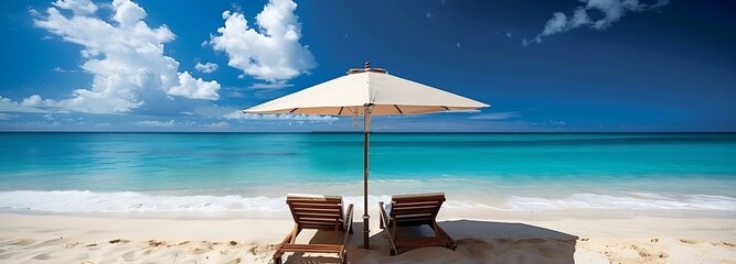 A serene beach scene featuring two lounge chairs under a large umbrella, ideal for relaxation, with beautiful turquoise waters and a clear blue sky.