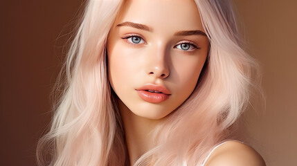 Portrait of a serious aggressive blonde teenage girl with white long hair with perfect skin, creams on a beige background, banner.