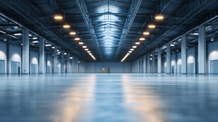 Wall Mural - Empty Industrial Warehouse with a Row of Fluorescent Lights and Concrete Floor