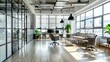 © UGM - Modern and Stylish office interior, large window, light from the window, glare with armchair and office equipments.