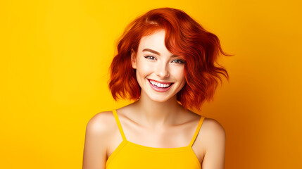 Canvas Print - Portrait of a smiling cheerful teenage girl with a short haircut and red hair, yellow background, banner.