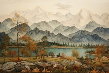 Canvas Print - Medieval Persian painting art of Mountain wide mountain wilderness landscape.