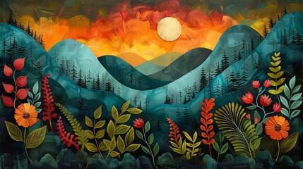 Abstract sunset painting with stylized mountains, trees, and flowers.