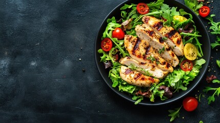 Wall Mural - Grilled chicken breast on a bed of fresh arugula and mixed greens, garnished with juicy cherry tomatoes and served on a black plate for a healthy, nutritious meal.