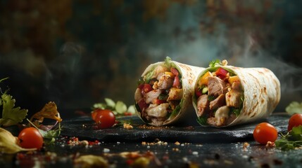 Two steaming burritos filled with vibrant vegetables, juicy meat, and fresh herbs, neatly cut in half and placed on a rustic slate board with cherry tomatoes.