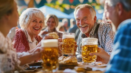 A group of seniors happily toasting with drinks at an outdoor festival, enjoying hearty laughter and the joyful, lively atmosphere of the celebration.