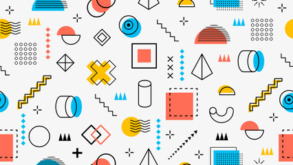 Wall Mural - 80s, 90s Memphis pattern background with geometric minimal elements and shapes, seamless vector. Memphis pattern for graphic art and Y2K background design with retro line shapes and isometric figures