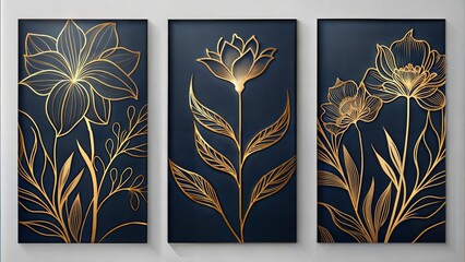 Wall Mural - Set of three vertical poster abstract one gold simple line floral art panel