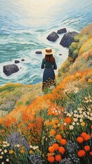 Poster - Illustration of a top view women painting flower landscape.