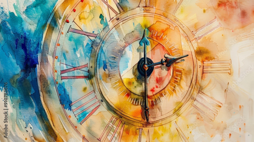 Reflect on the passage of time with a watercolor clock face, blending ...