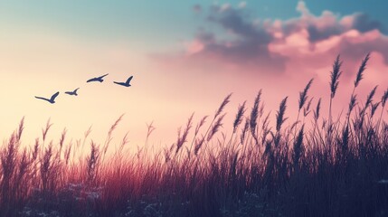 silhouette of birds flying at sunrise over tall grasses symbolizing freedom and serenity in a peacef