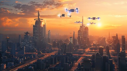 A futuristic city at sunset with drones flying in the air.