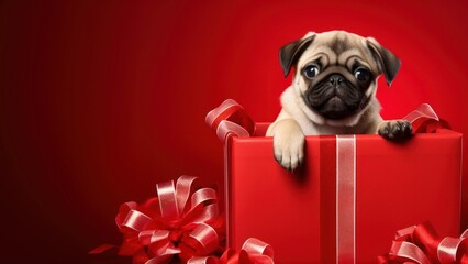 Poster - Photo of a puppy in a huge christmas gift box.