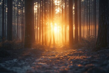 Sticker - Morning sunrise through pinewood trees sunlight outdoors woodland.