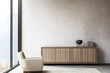 © JuanM - Elegant sideboard next to a large window in an apartment room. Interior design composition with copyspace.