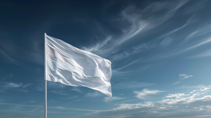 Wall Mural - A minimalist design of a white flag, gently waving, with a deep blue sky background and light, wispy clouds