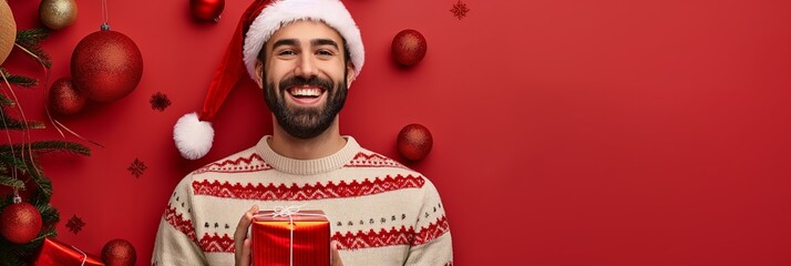 A cheerful man in a festive Santa hat holds a wrapped gift against a vibrant red backdrop with Christmas ornaments hanging around.