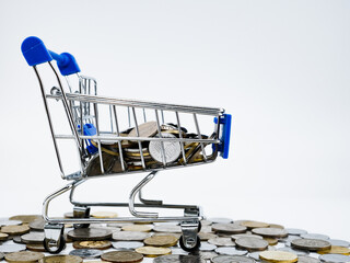 A coins and trolley isolated with white background. Business concept.