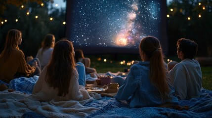 A cheerful 3D illustration captures a group of young people enjoying a movie night outdoors on National Youth Day. They are sitting on blankets under the stars, watching a big screen. The scene is