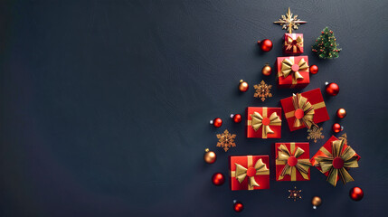 Poster - A minimalist backdrop highlights a Christmas tree adorned with bows, ornaments, and a sparkling star made of wrapped presents in red and gold