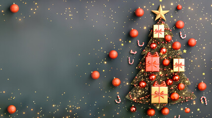 Wall Mural - A festive Christmas tree made of gift boxes is adorned with red ornaments and gold glitter lights, creating a magical holiday scene on a black background