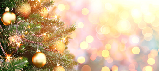 Wall Mural - A close-up of a Christmas tree branch decorated with gold ornaments, twinkling lights, and a background of festive bokeh lights