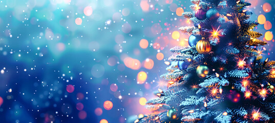 Wall Mural - A close-up of a Christmas tree adorned with colorful ornaments and twinkling lights, set against a backdrop of blue bokeh and falling snow