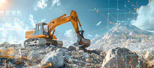 A powerful excavator works on a rocky mountainside, data visualization displays charts and graphs overlaid on the scene, highlighting future technologies in construction