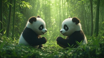 Two playful panda cubs interacting with each other in a forest clearing with a backdrop of tall bamboo. The image has ample space for adding text to celebrate International Panda Day.