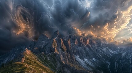 Wall Mural - Storm clouds gather over a mountain range, their dark forms highlighted by the last rays of sunlight.