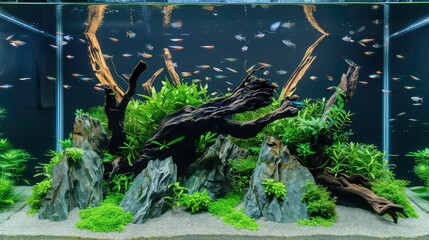 A beautifully designed freshwater aquarium with various fish swimming among lush green plants, a piece of driftwood, and rocks.