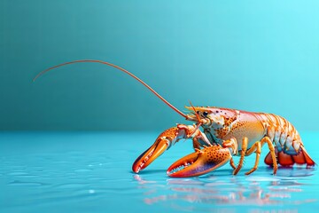 Red Lobster with Claws Raised on a Blue Background.