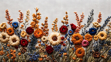 Broderie de fleurs sur toile de lin