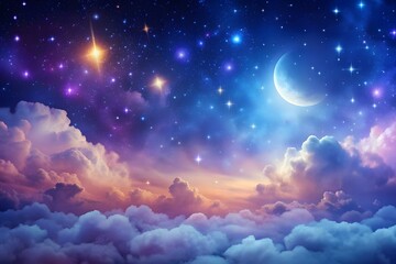 Wall Mural - purple, blue, gradient mystical moonlight sky with clouds and stars phone background.