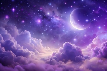 Wall Mural - purple gradient mystical moonlight sky with clouds and stars phone background.