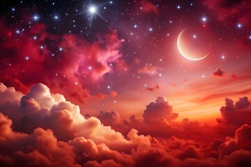 Wall Mural - red gradient mystical moonlight sky with clouds and stars phone background.