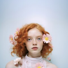 Wall Mural - Young woman posing for a picture with a flower hanging by the ear