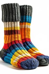 Wall Mural - Cozy knitted socks with colorful stripes, isolated on a white background, perfect for advertisements with ample copy text space