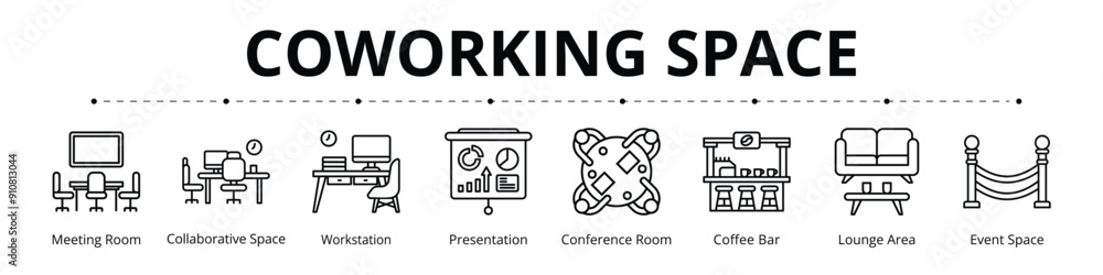 Coworking Space Line Banner Web Icon Set Vector Illustration, Meeting ...