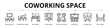 ©  karyative - Coworking Space Line Banner Web Icon Set Vector Illustration, Meeting Room Collaborative Space Workstation Presentation Conference Room Coffee Bar Lounge Area Event Space
