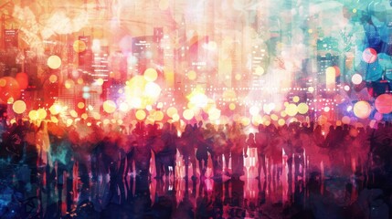 Wall Mural - watercolor cityscape with silhouettes of people.
