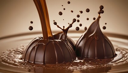 Wall Mural - A splash of milk and chocolate splashes . close up of chocolate pieces stack and chocolate syrup on white background15
