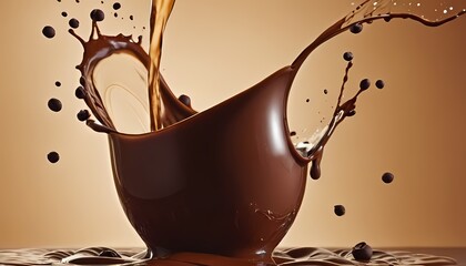 Wall Mural - A splash of milk and chocolate splashes . close up of chocolate pieces stack and chocolate syrup on white background1
