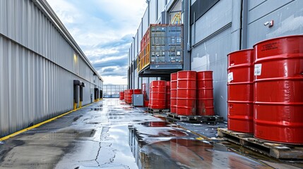 Wall Mural - The customization of loading dock configurations for hazardous materials handling includes safety enclosures, spill containment systems,