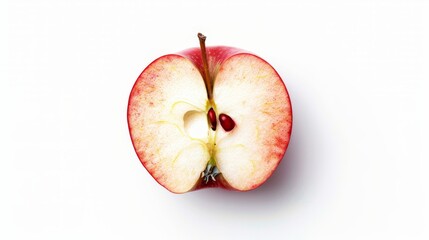 Wall Mural - A single red apple half, showcasing a perfect cross-section with seeds and core, isolated on a pristine white background for a minimalistic look