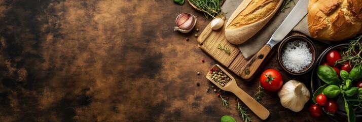 A collection of artisan bread, salt, garlic, and spices displayed on a dark rustic kitchen surface, emphasizing homemade goodness.