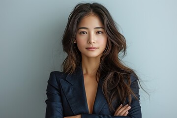 Beautiful asian businesswoman wearing a blue color suit smiling confidently