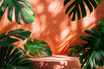 Wall Mural - A display of tropical plants with a red background.