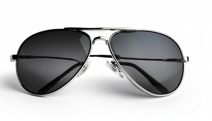  A pair of aviator-style sunglasses with black frames and tinted lenses, isolated on a white background